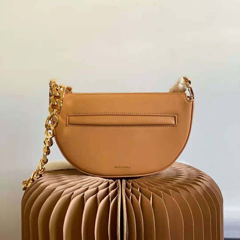 Close-up of gold-tone hardware on Burberry Women Mini Leather Zip Olympia Bag-Brown