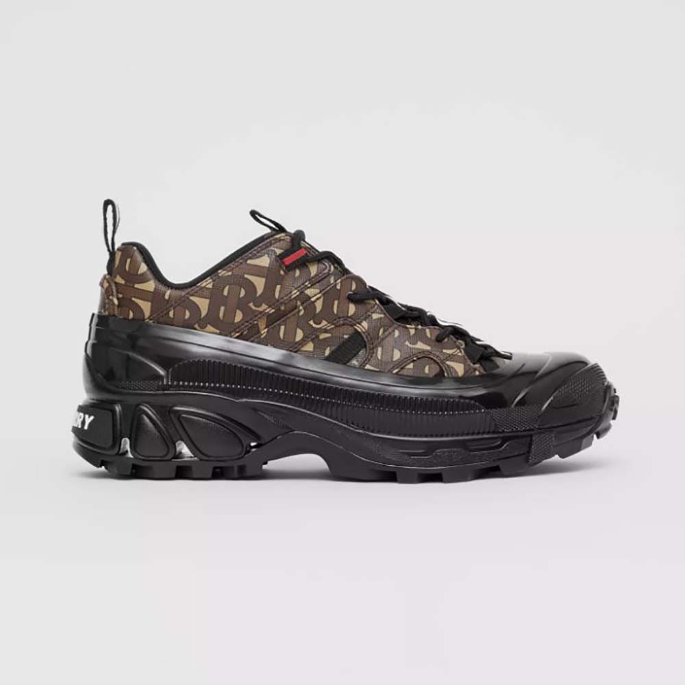 Side profile of Burberry Women Monogram Print E-canvas Arthur Sneakers-Brown