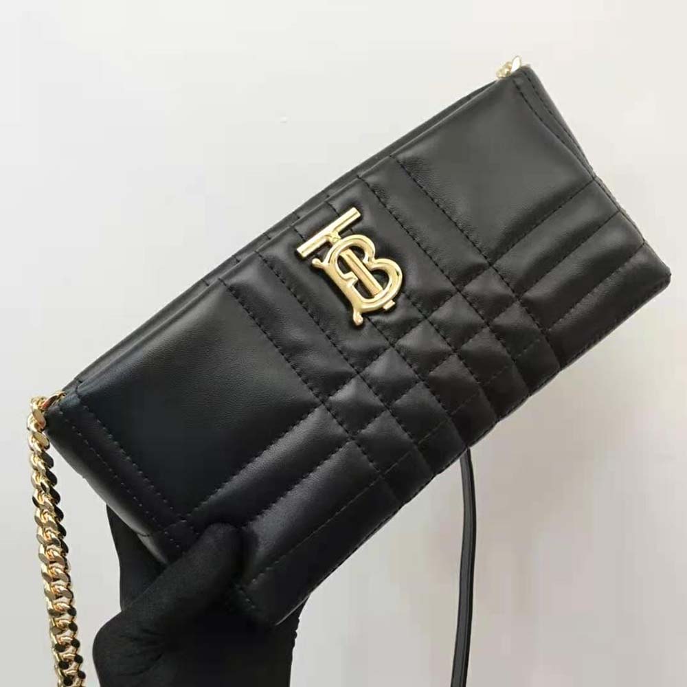 Side angle showing quilted lambskin texture of Burberry Soft Lola Bag