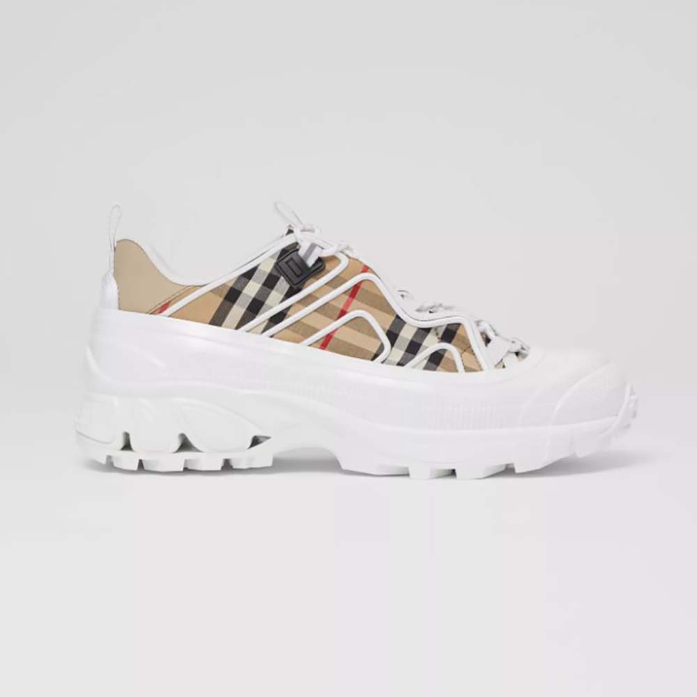 Side profile of Burberry Women Vintage Check Cotton and Leather Arthur Sneakers-White