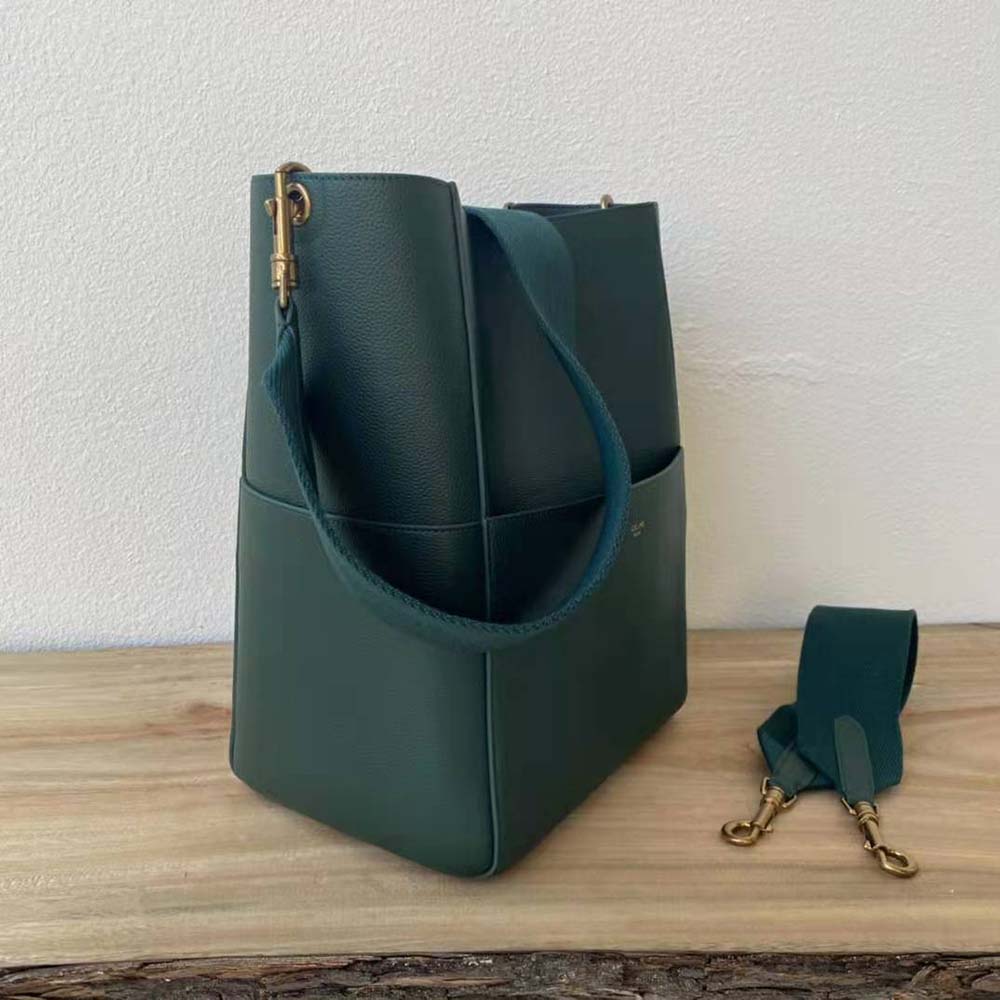 Celine Women Sangle Bucket Bag in Soft Grained Calfskin-Green - image 4