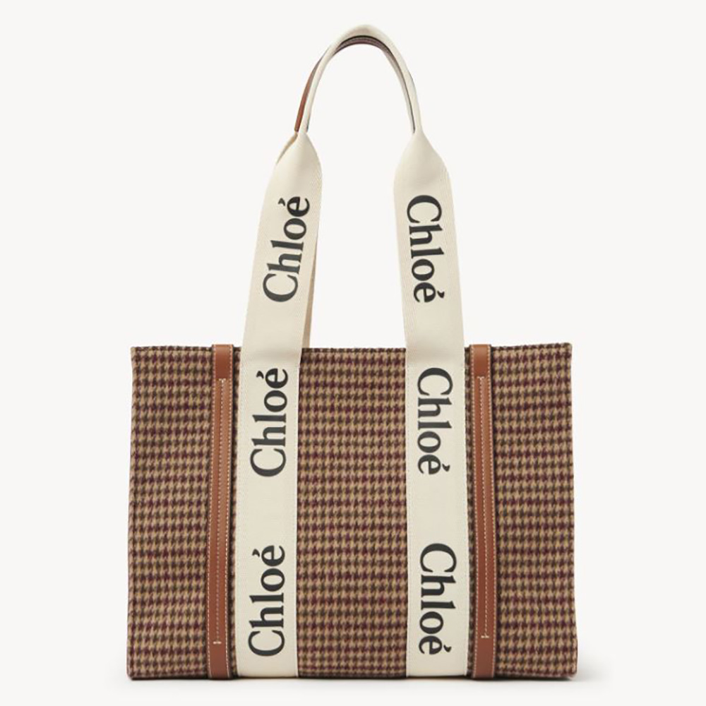 Front view of Chloe Women Medium Woody Tote Bag in brown wool cashmere
