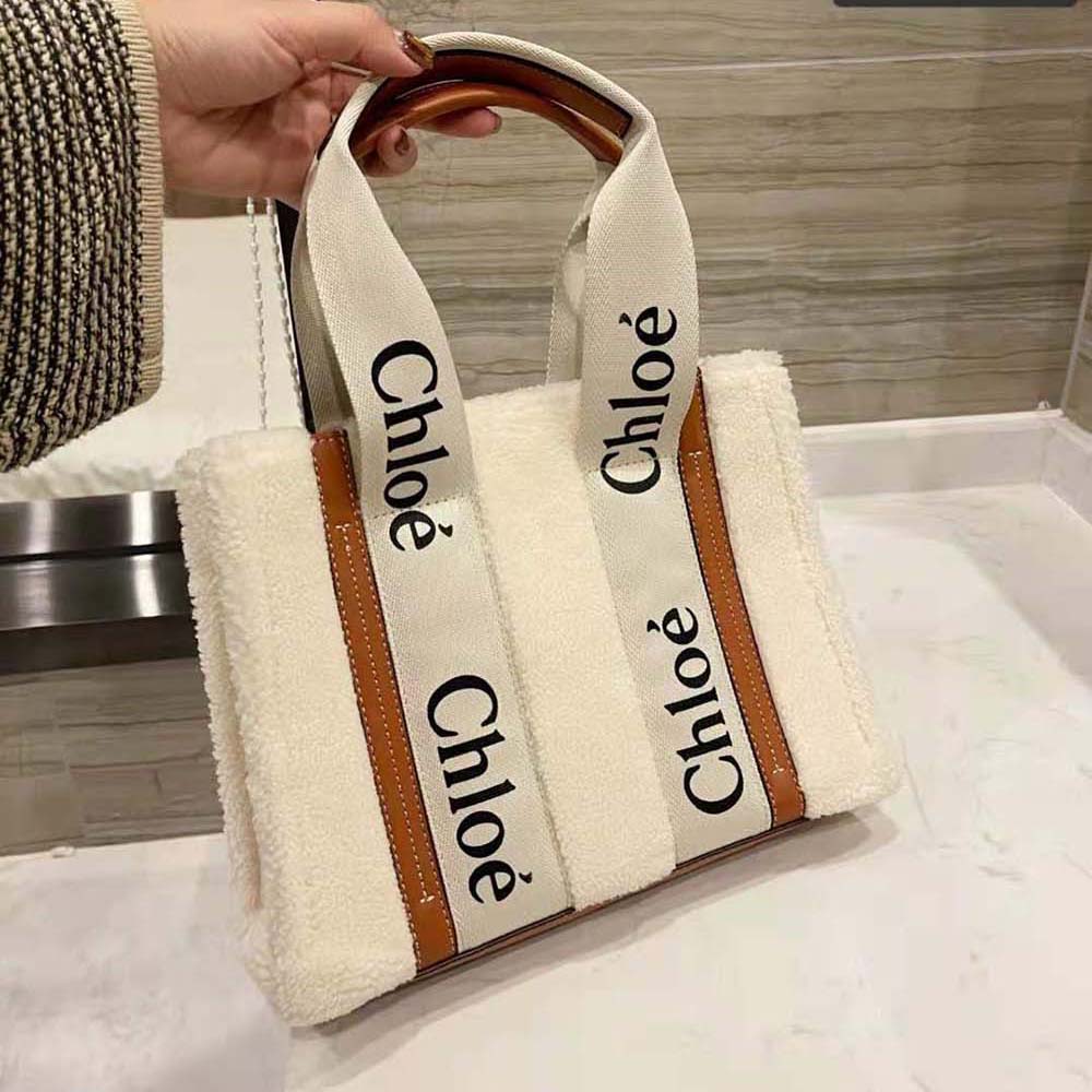 Side angle showing detachable strap on Chloe Women Small Woody Tote Bag with Strap