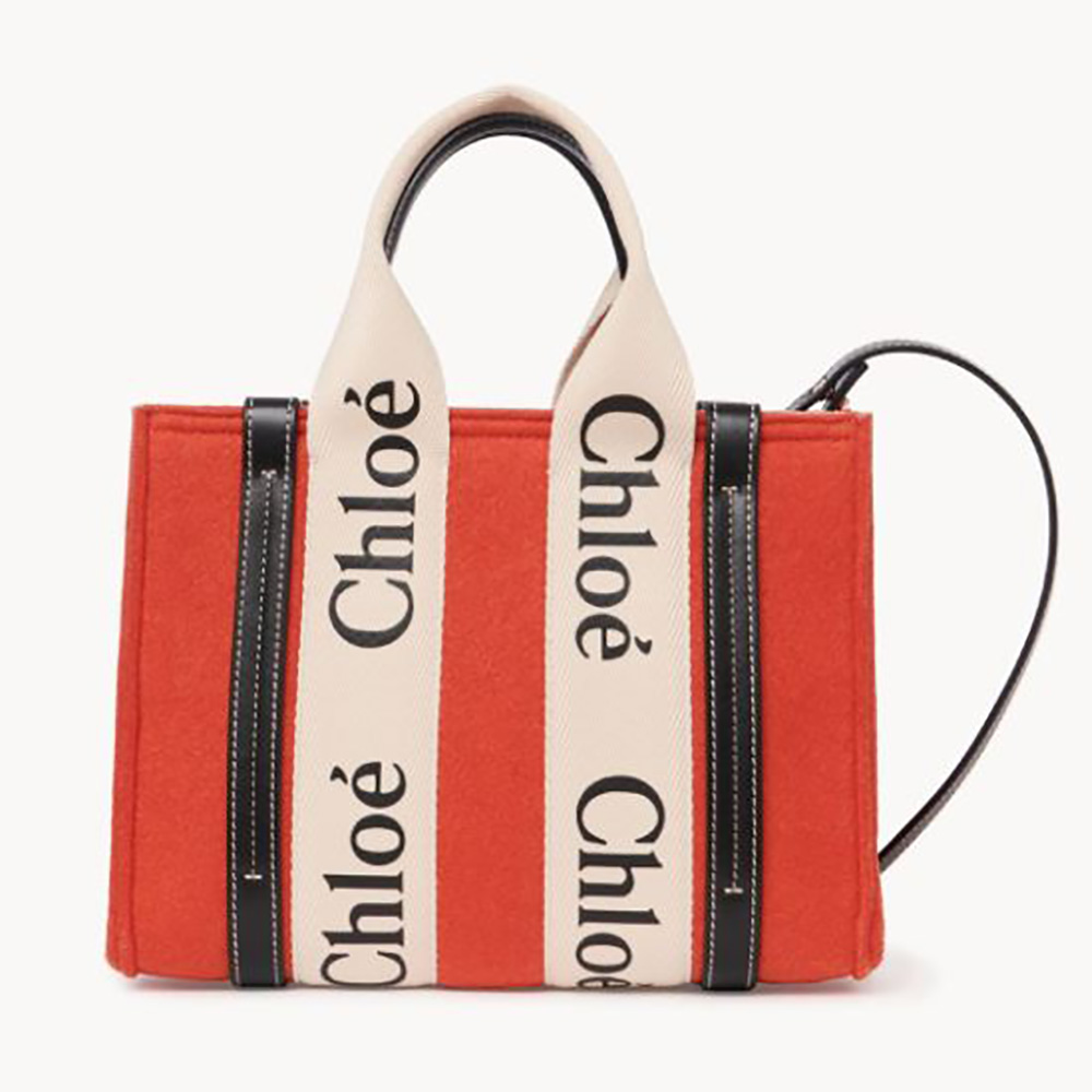 Front view of Chloe Women Small Woody Tote Bag in red recycled felt and calfskin