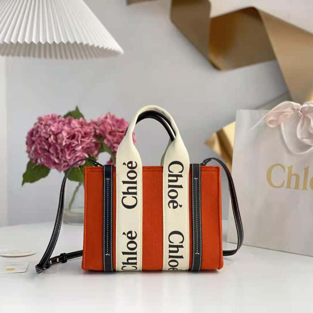 Close-up of gold Woody logo and shiny calfskin trim on Chloe Women Small Woody Tote