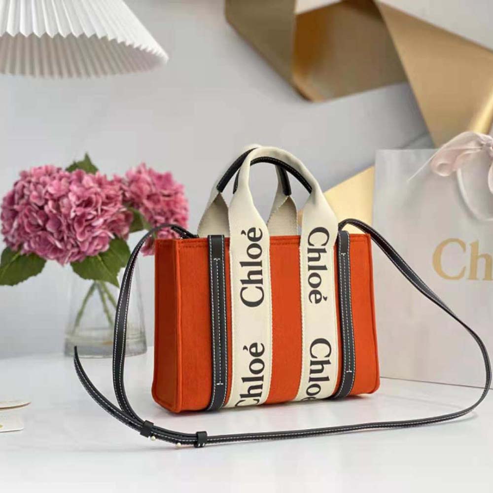 Side angle showing adjustable strap and compact shape of Chloe Women Small Woody Tote Bag