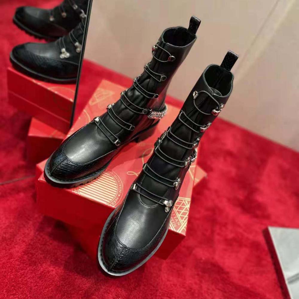 Top view showing smooth black leather and slip-on design of Christian Louboutin Women Horse Guarda Flat