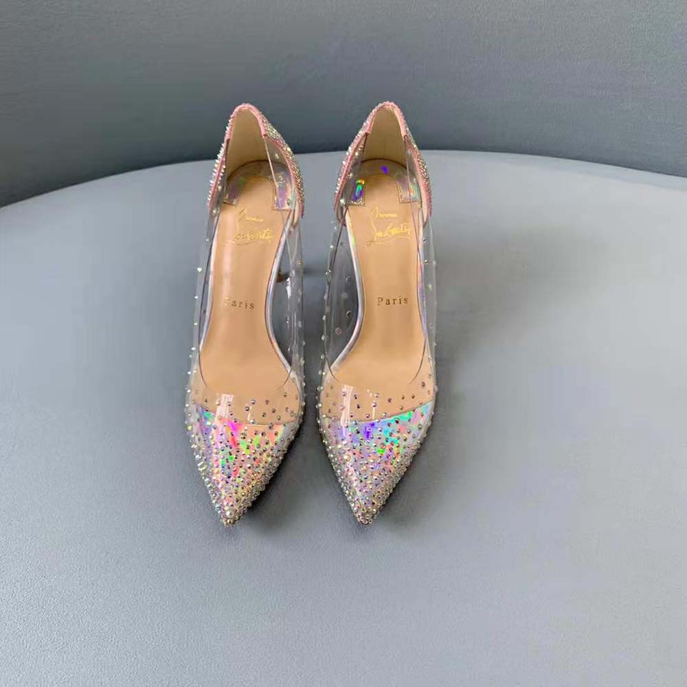 Close-up of buckle and signature red sole on Christian Louboutin Degrastrassita 85 mm sandal
