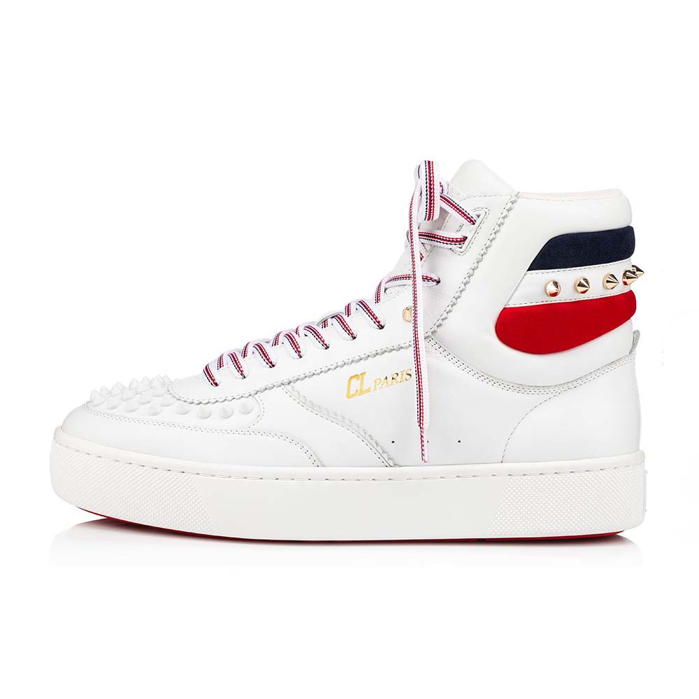 Side profile of Christian Louboutin Women Top Rui Spikes Flat Tennis-inspired Sneaker in white