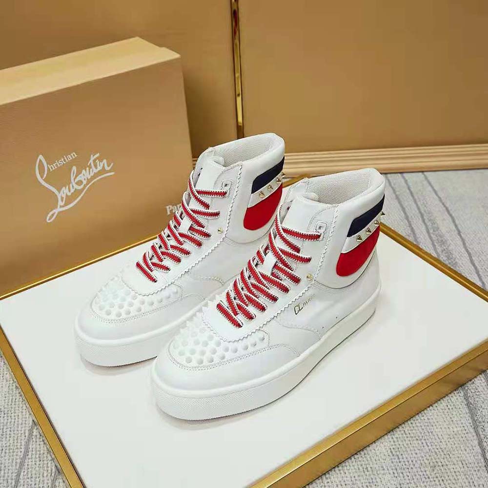 Overhead view of lace-up and red sole on Christian Louboutin Women Top Rui Spikes Flat
