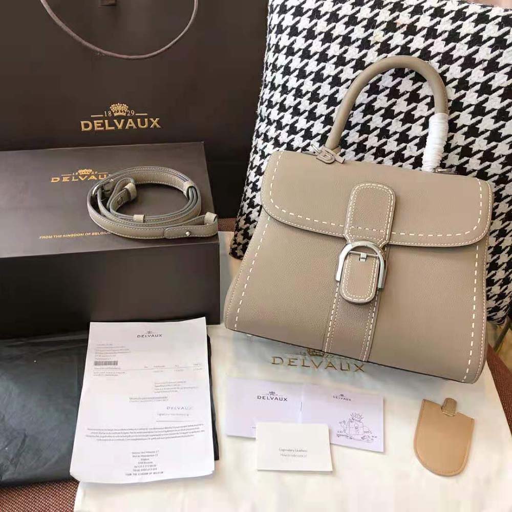 Close-up of gold-tone hardware and Surpique stitching on Delvaux handbag