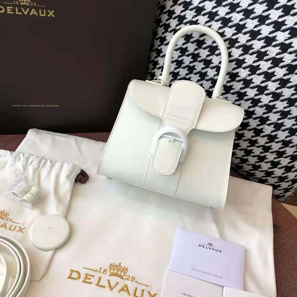 Side angle showing smooth white box calf leather on Delvaux Brillant Mini