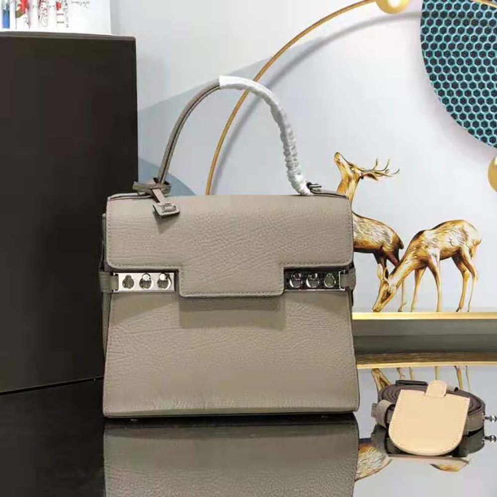 Close-up of gold hardware and flap on Delvaux Women Tempete PM beige bag