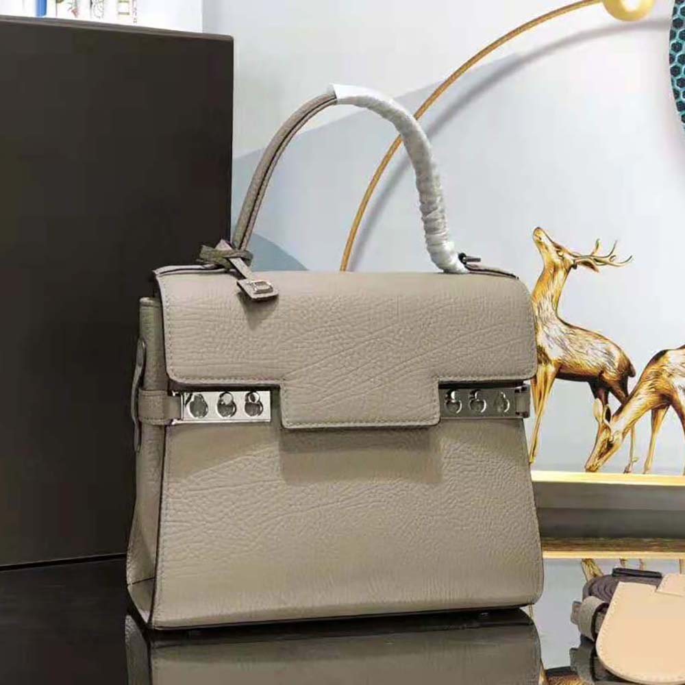 Side angle showing structured silhouette of Delvaux Women Tempete PM beige handbag