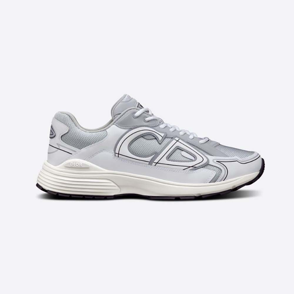 Side profile of Dior Men B30 Sneaker Gray Mesh and White Technical Fabric
