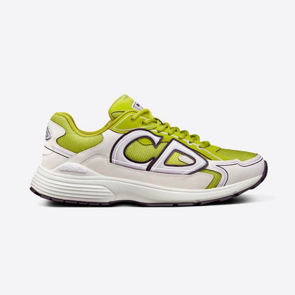Side view of Dior Men B30 Sneaker Yellow Mesh and White Technical Fabric