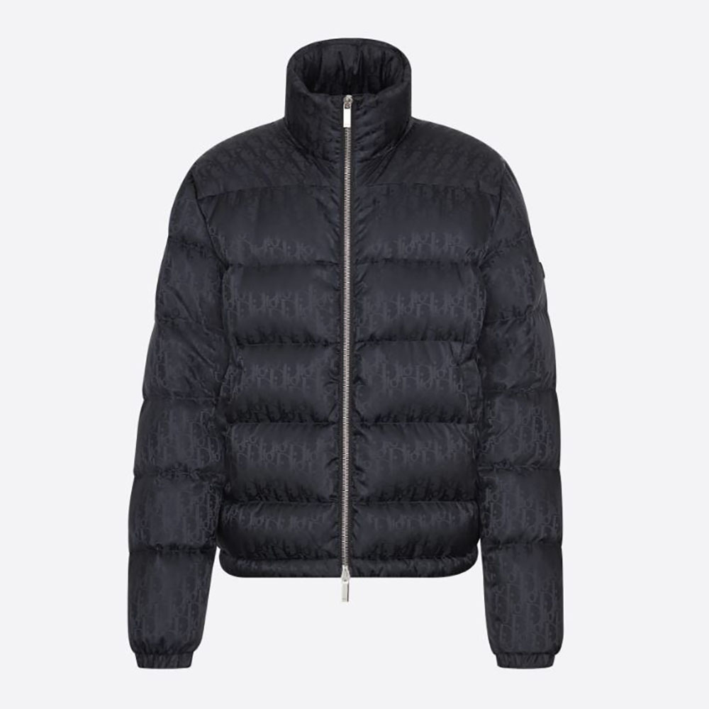 Front view of Dior Men Oblique Down Jacket Black Nylon Jacquard