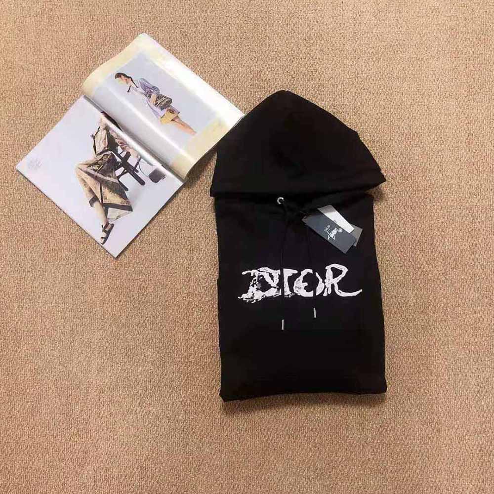 Close-up of hood and embossed Dior logo on Peter Doig sweatshirt