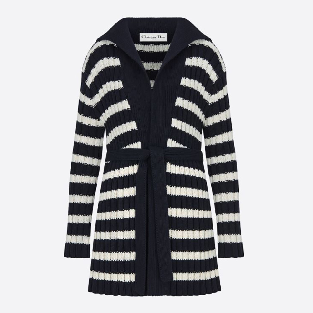 Front view of Dior Women Belted Dior Mariniere Cardigan Navy Blue and Ecru
