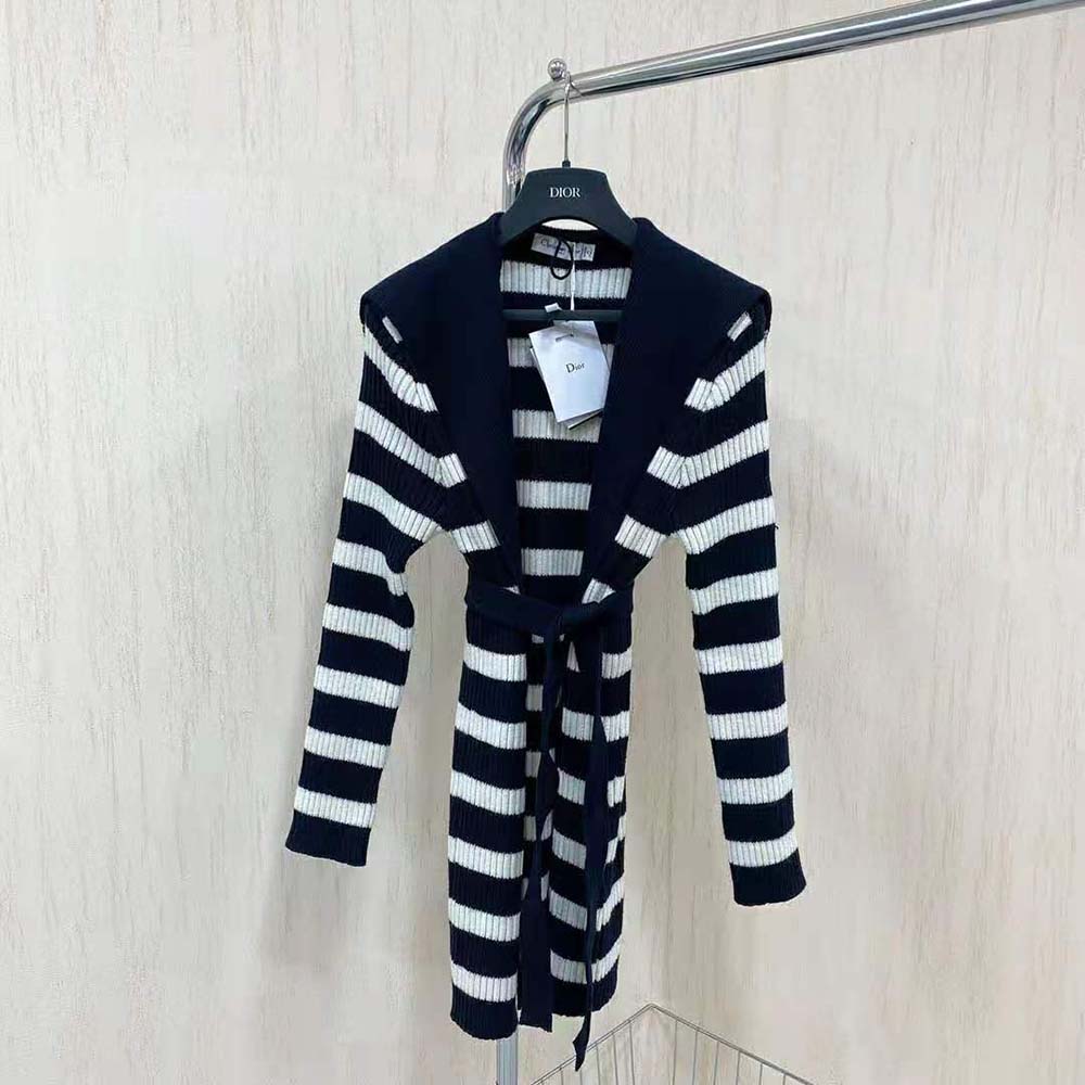 Dior Women Belted Dior Mariniere Cardigan Navy Blue and Ecru Cotton Knit and Cashmere - image 4