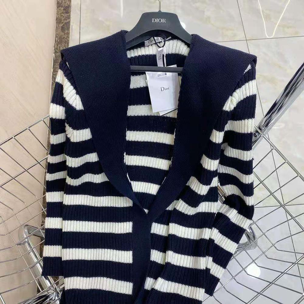 Dior Women Belted Dior Mariniere Cardigan Navy Blue and Ecru Cotton Knit and Cashmere - image 5