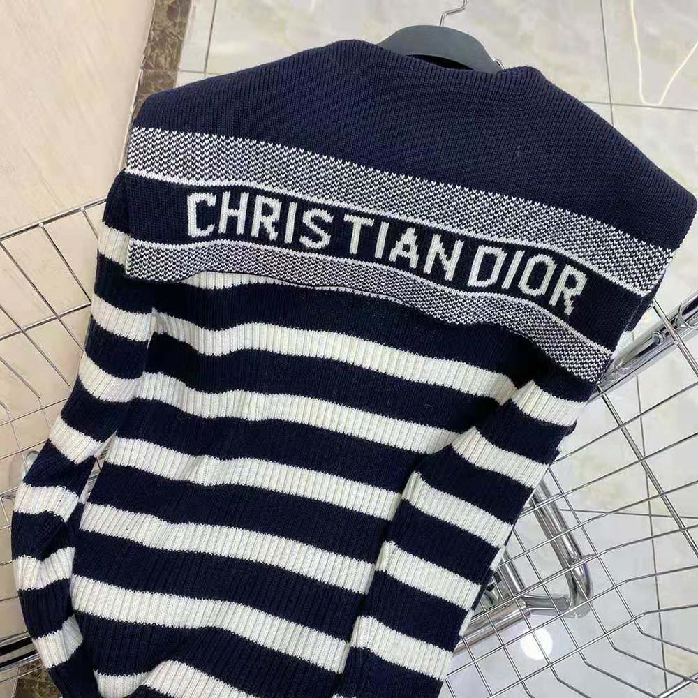 Dior Women Belted Dior Mariniere Cardigan Navy Blue and Ecru Cotton Knit and Cashmere - image 6