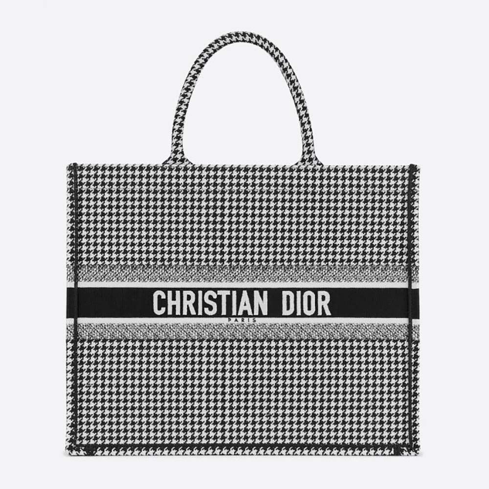 Front view of Dior Women Book Tote Black and White Houndstooth Embroidery