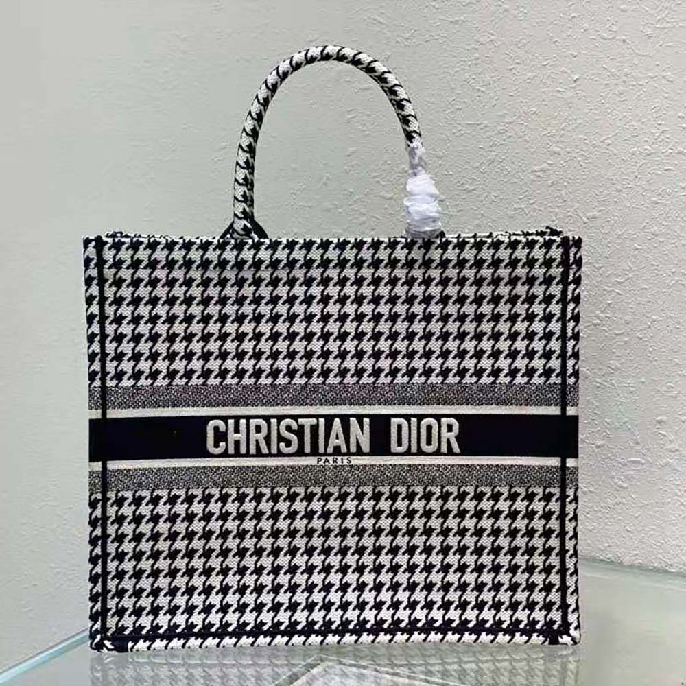 Close-up detail of houndstooth embroidery on Dior Women Book Tote