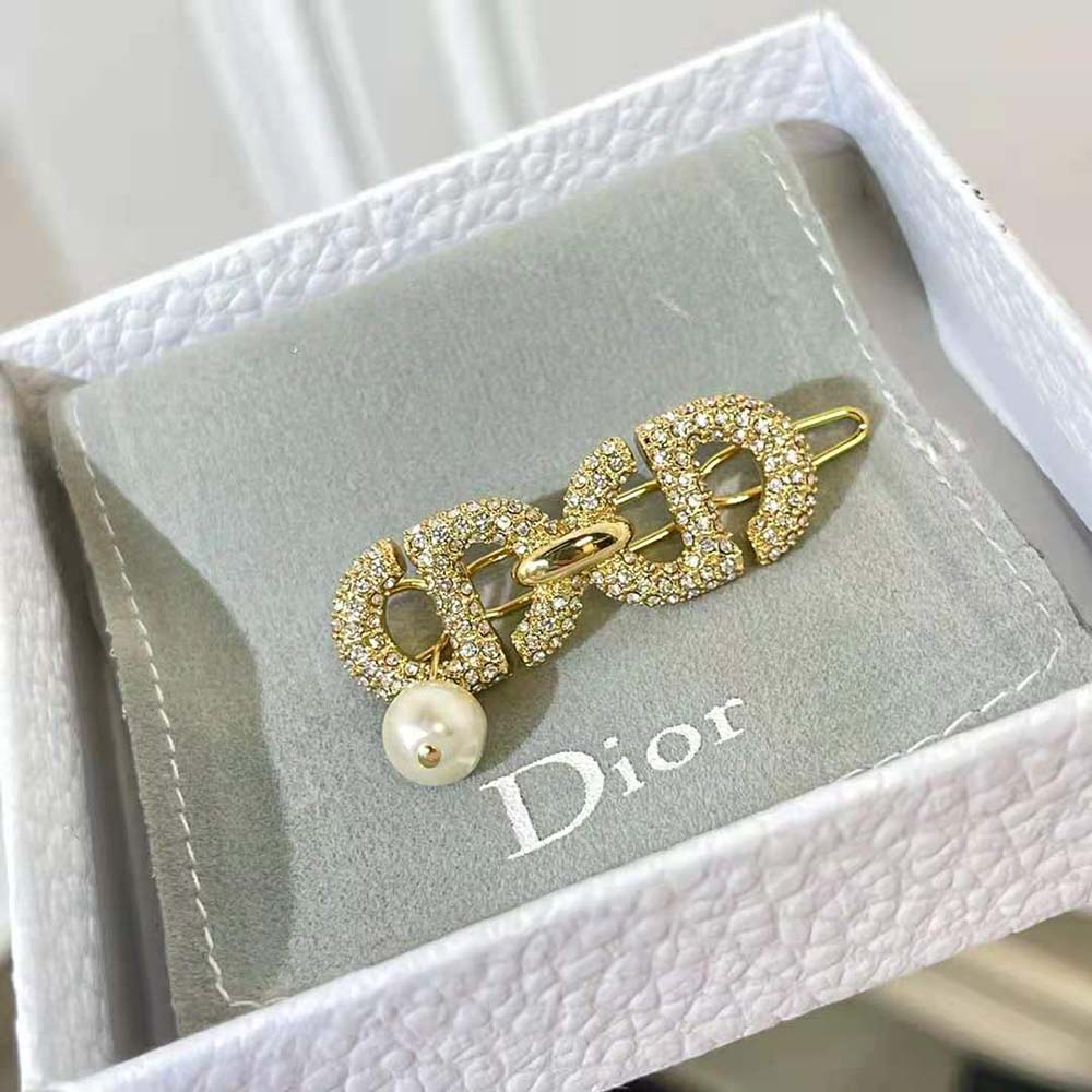 Dior Women CD Navy Barrette Gold-Finish Metal and White Crystals - image 4
