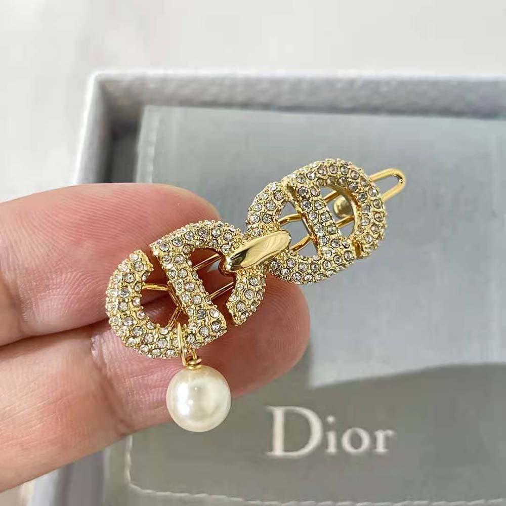 Dior Women CD Navy Barrette Gold-Finish Metal and White Crystals - image 5