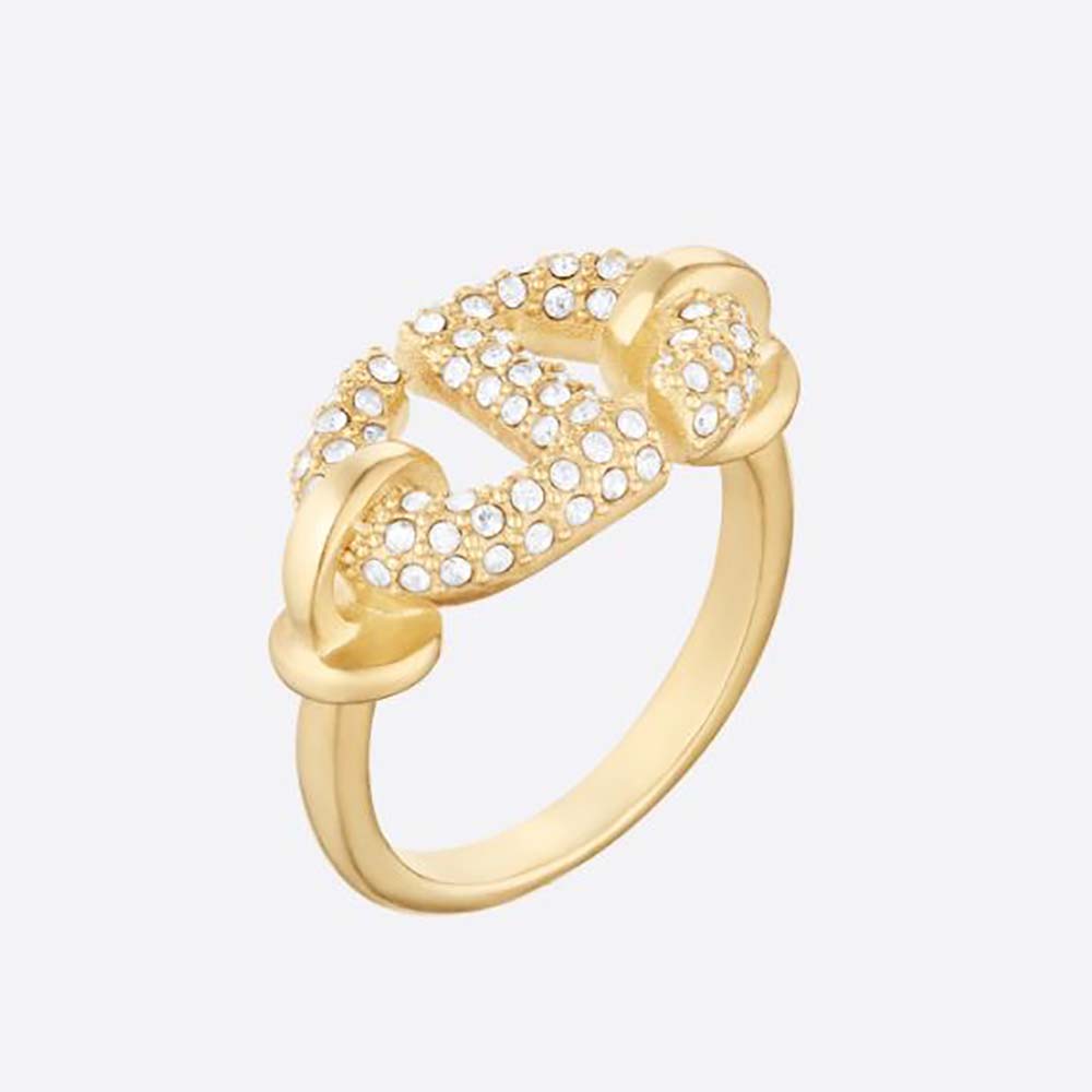 Close-up side view of Dior Women CD Navy Ring Gold-Finish Metal and White Crystals