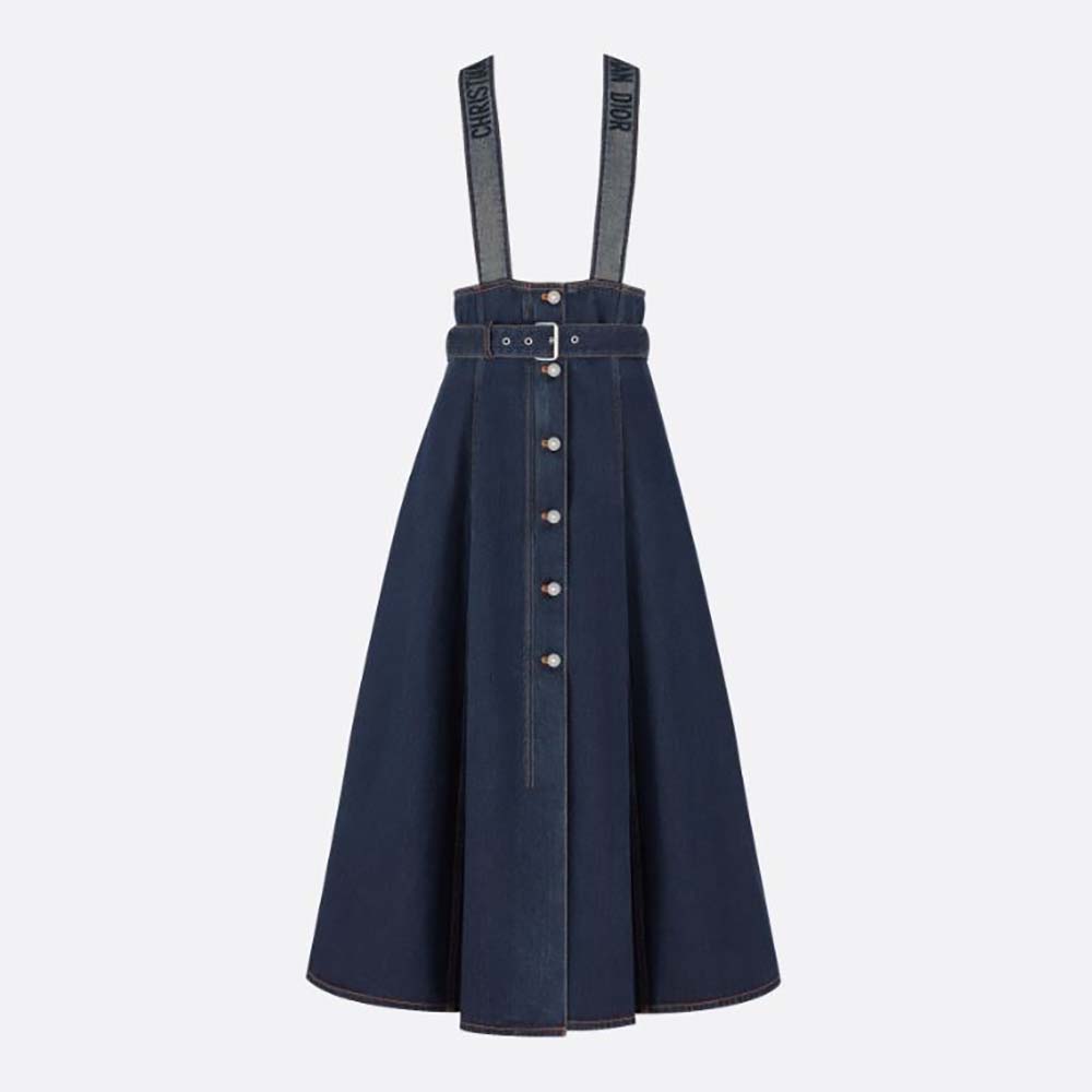 Front view of Dior Women Couture Denim Mid-Length Skirt with Straps deep blue cotton