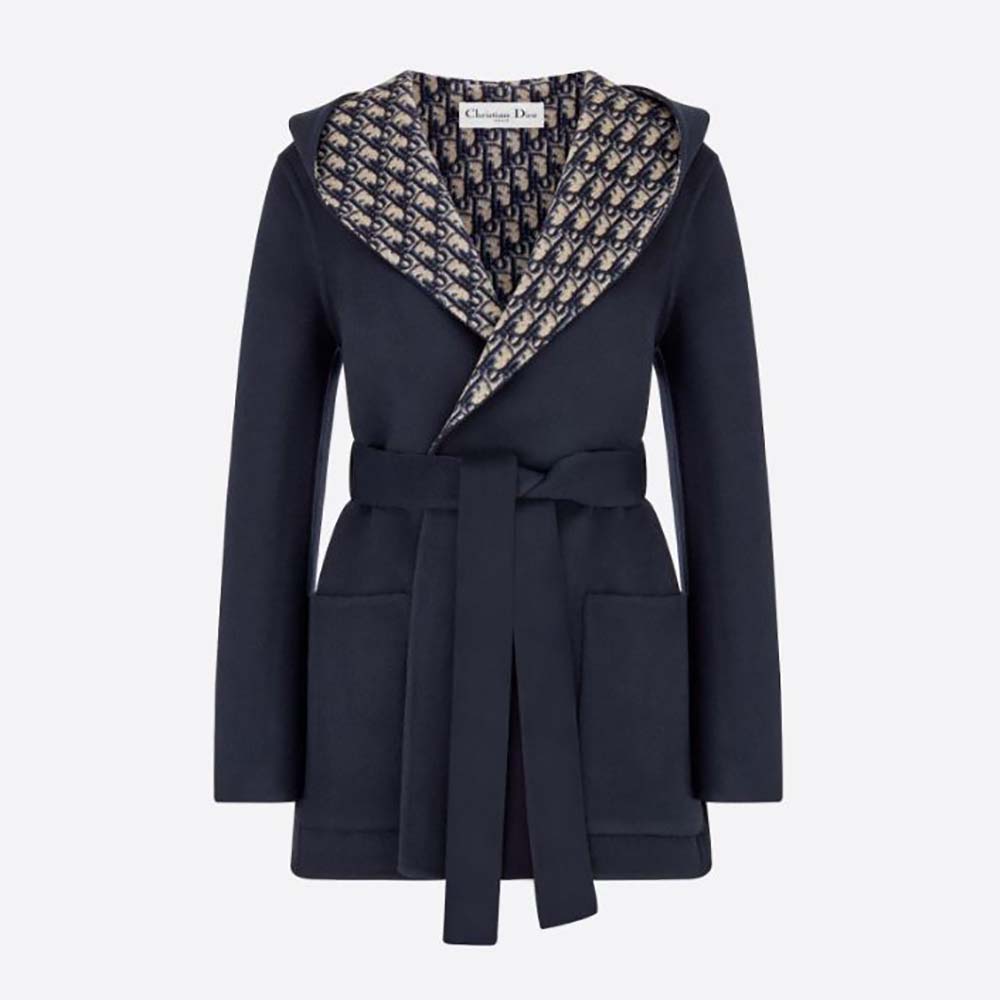 Front view of Dior Women Cropped Coat with Hood and Belt Navy Blue Double-Sided Wool
