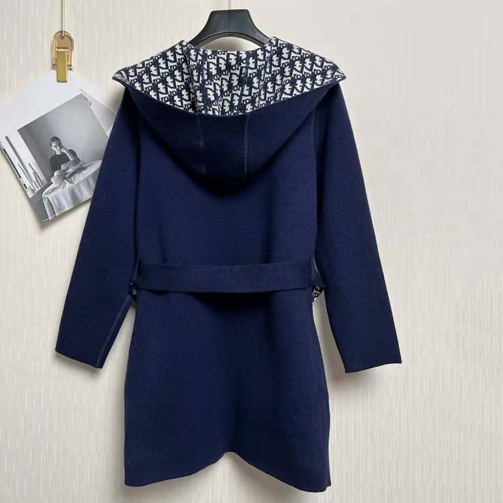 Side angle showing structured hood detail on Dior Women Cropped Coat navy blue