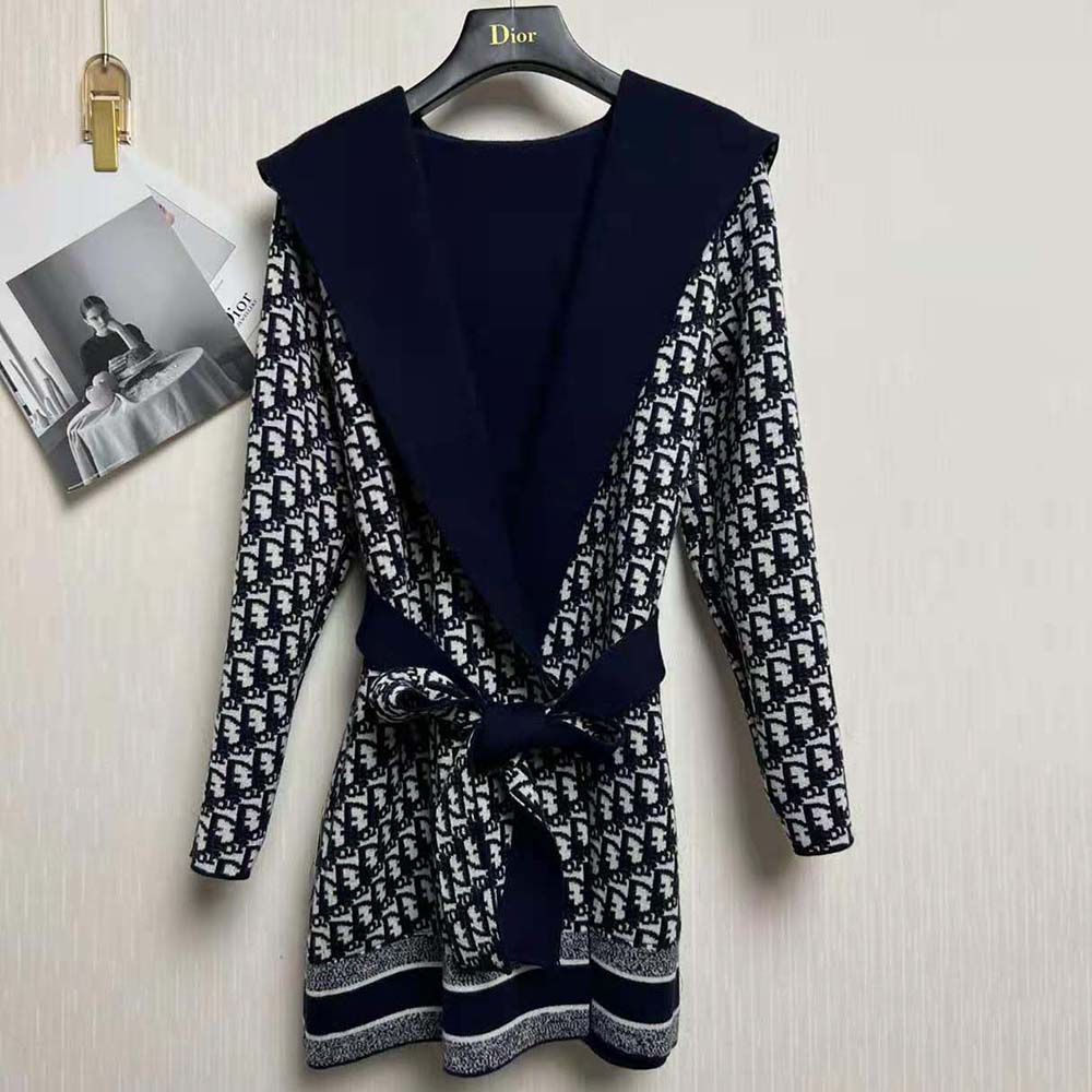 Dior Women Cropped Coat with Hood and Belt Navy Blue Double-Sided Wool - image 4