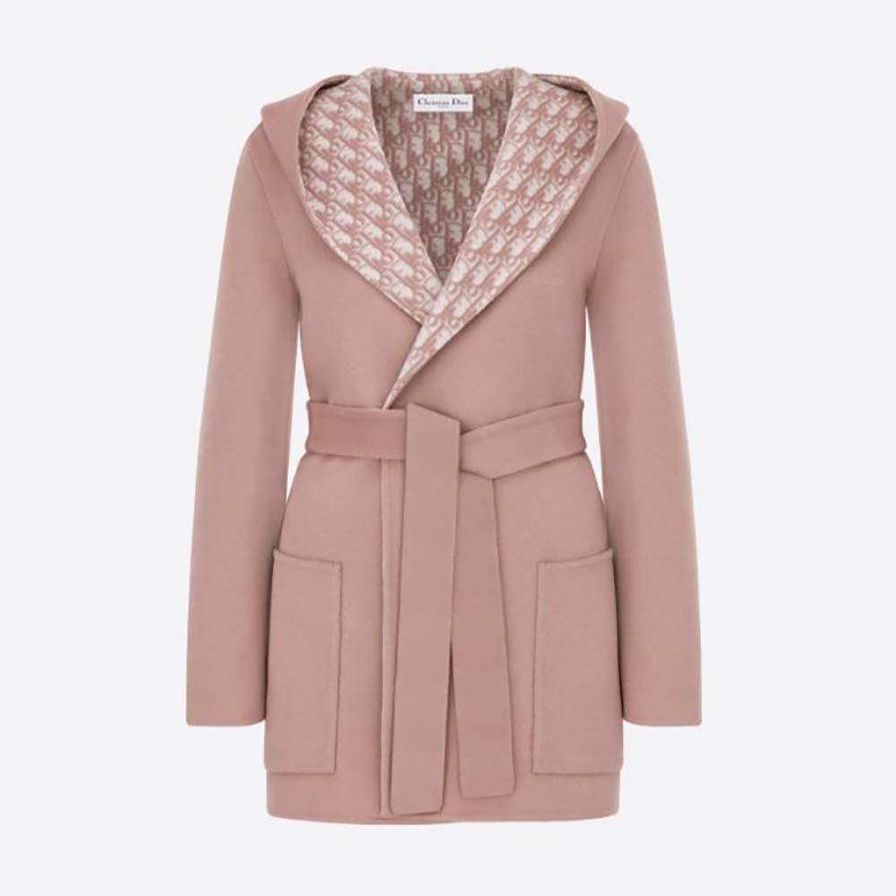 Front view of Dior Women Cropped Coat with Hood and Belt Rose Des Vents Double-Sided Wool in pink
