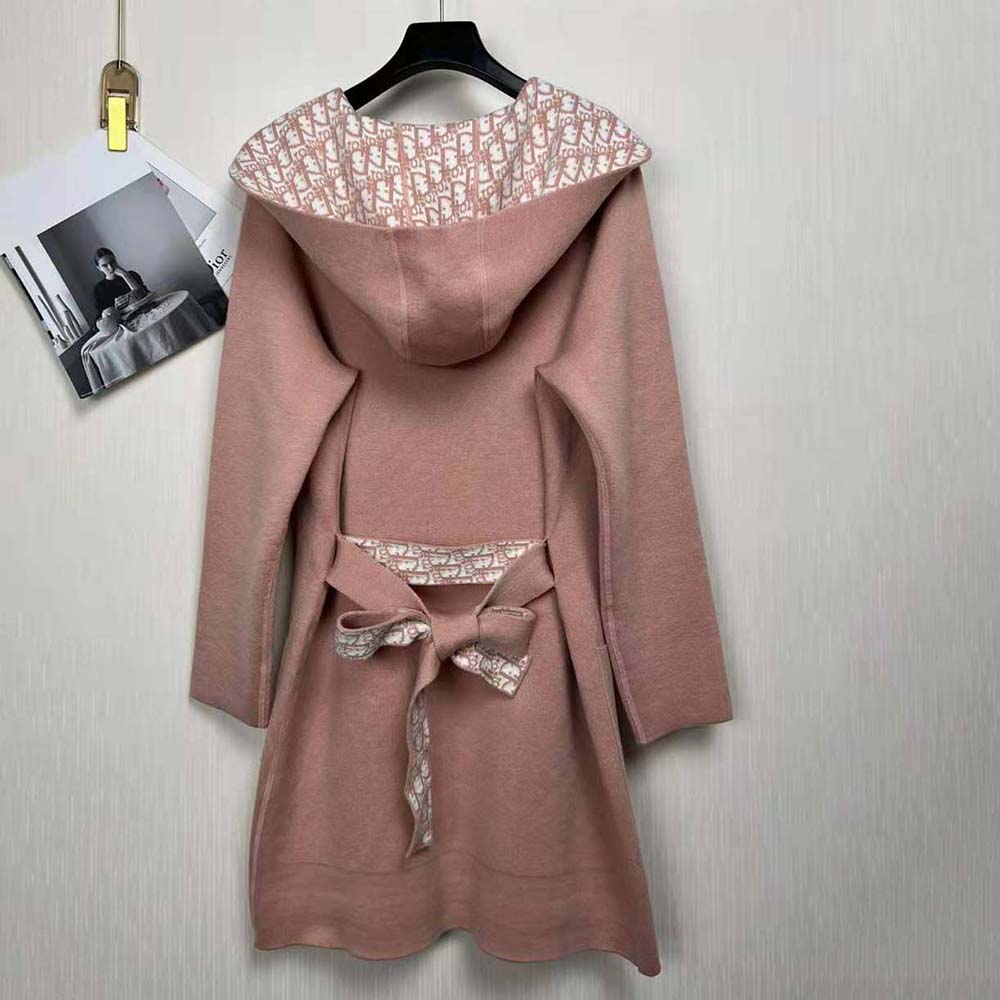 Side angle showing cropped silhouette of Dior Women Cropped Coat with Hood and Belt Rose Des Vents Double-Sided Wool