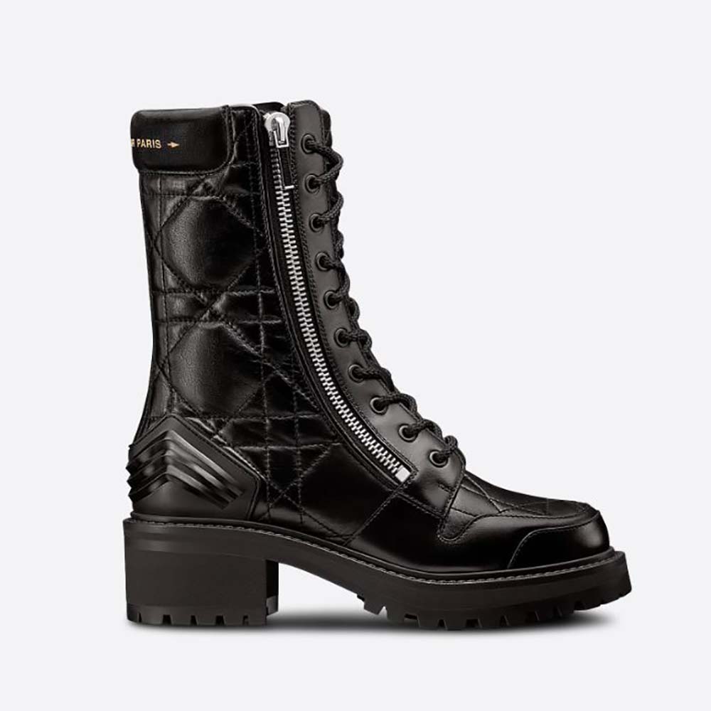 Front angle of Dior Women D-Leader Ankle Boot Black Quilted Cannage Calfskin