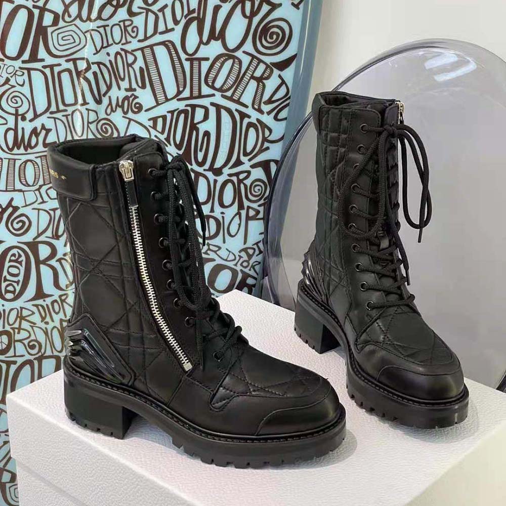 Side view showing zipper and signature Cannage quilting on Dior ankle boot