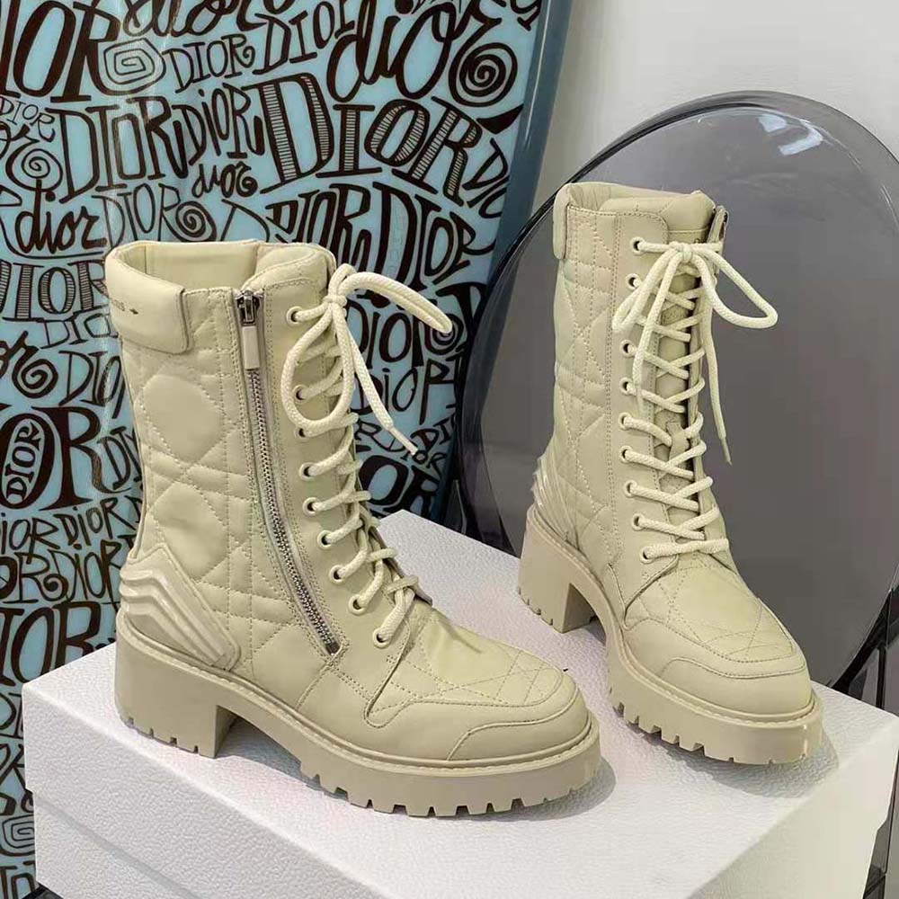 Close-up of quilted Cannage pattern on Dior Women D-Leader Ankle Boot