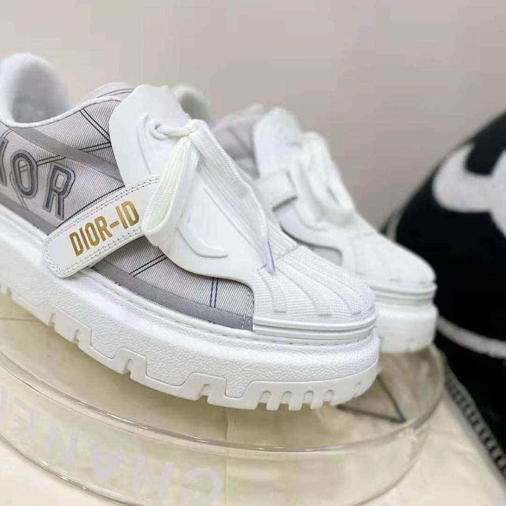Top angle showing lace-up closure on Dior Women Dior-id Sneaker Gray