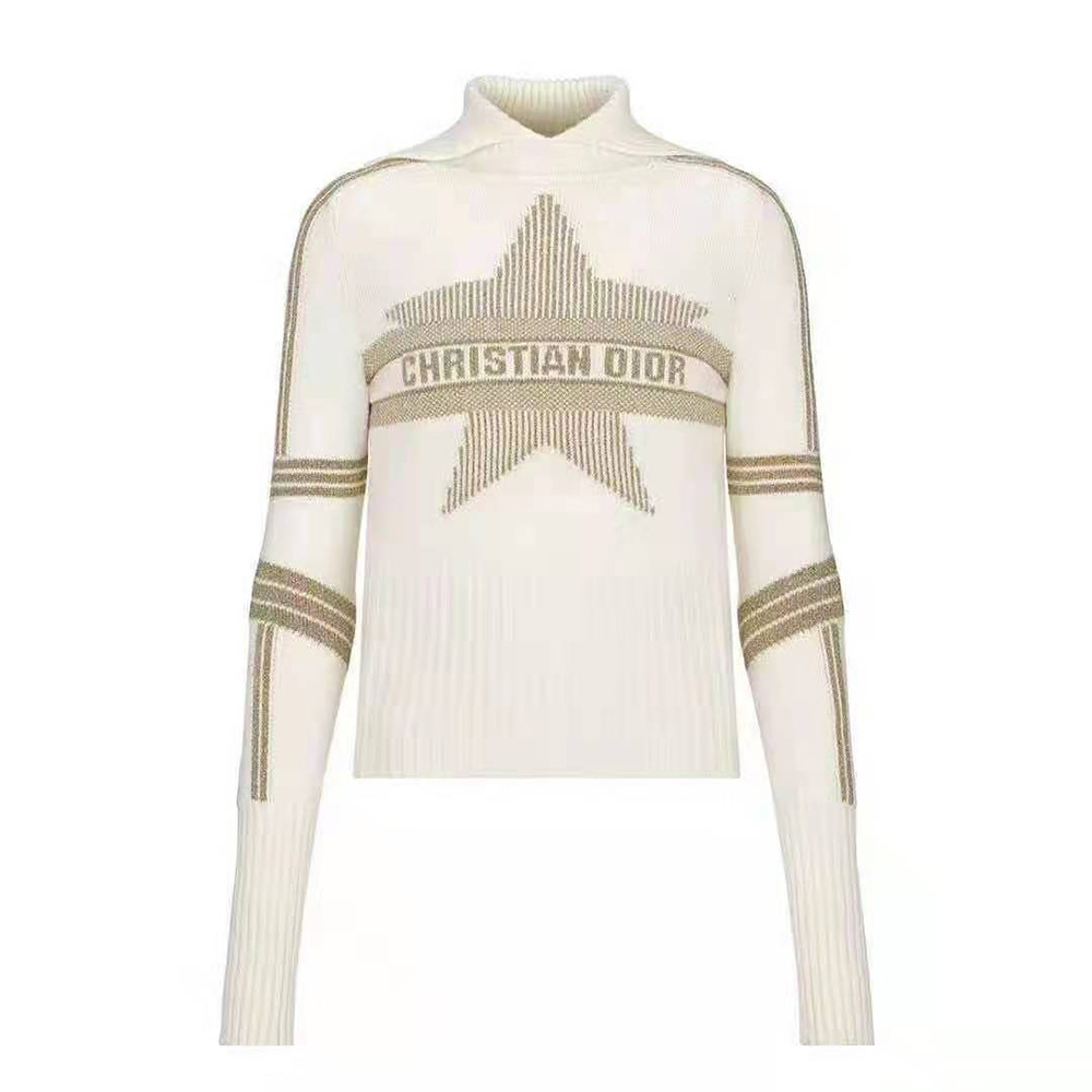Dior Women Dioralps Stand Collar Sweater Beige Three-Tone Dior Star Wool Knit and Cashmere