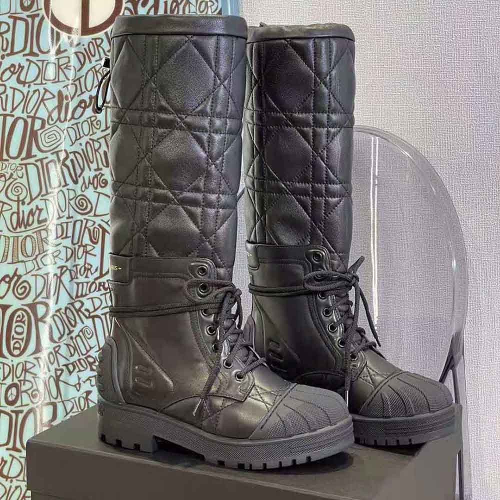 Close-up on quilted cannage stitching detail of Dioriron Boot