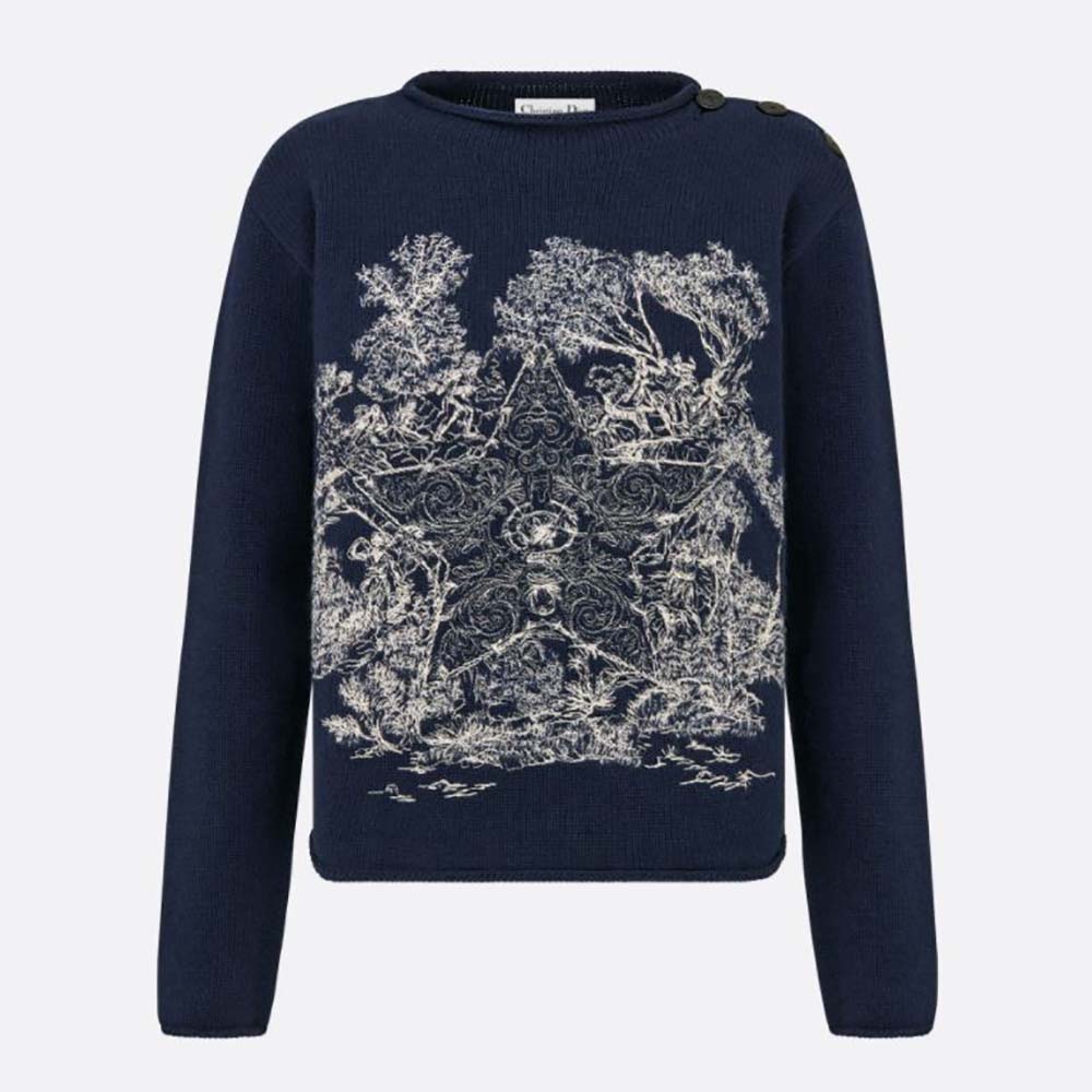 Front view of Dior Women Embroidered Sweater Navy Blue Cashmere Knit