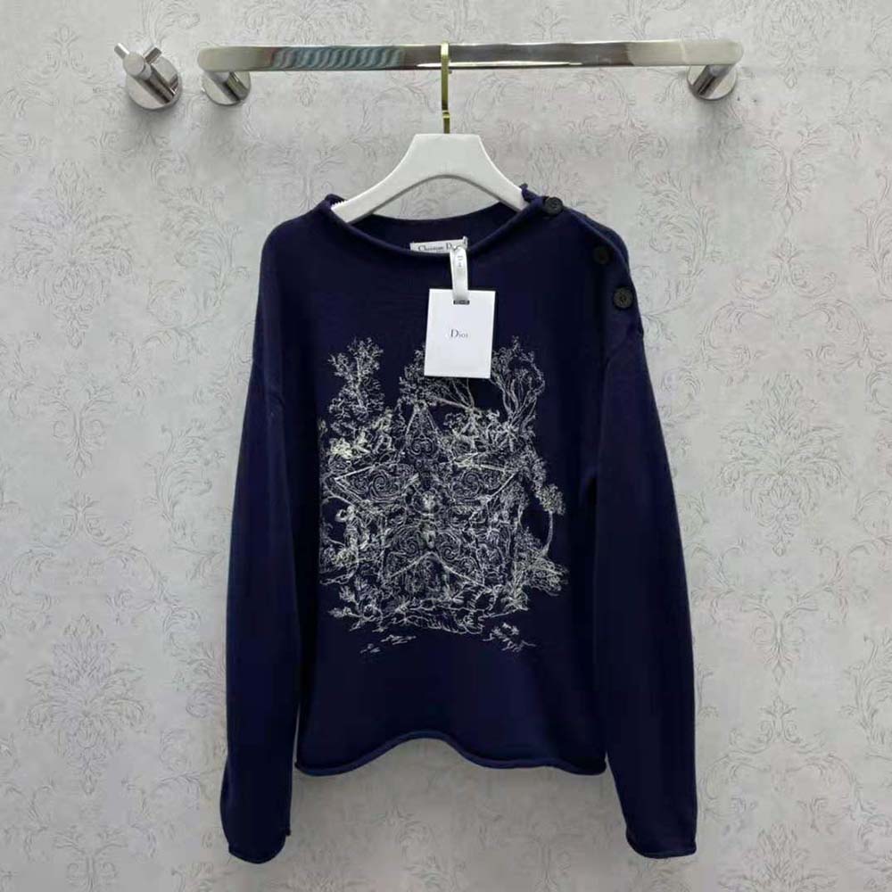 Close-up of embroidered detail on Dior Women Embroidered Sweater navy blue