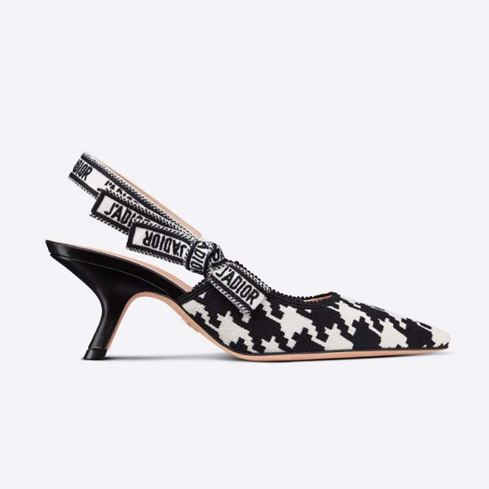 Front angle of Dior Women J’Adior Slingback Pump black and white embroidery
