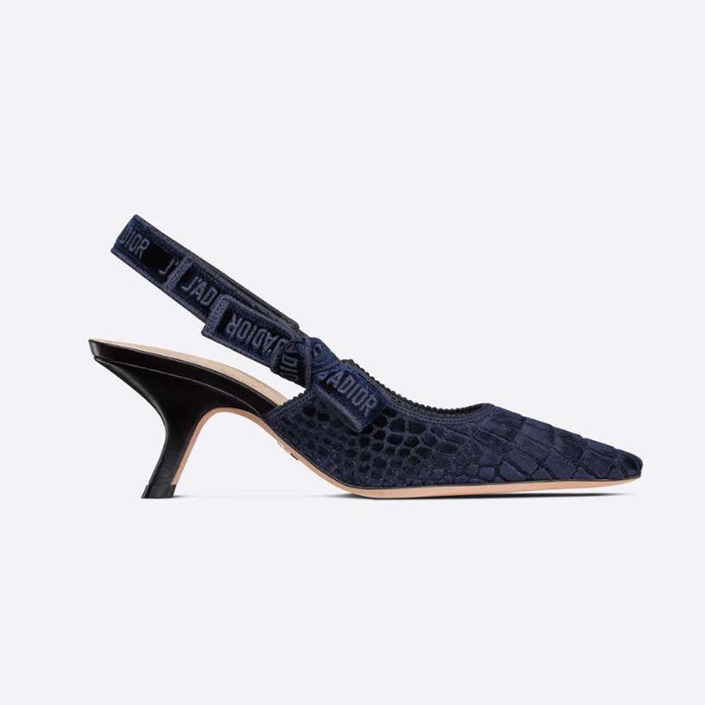Side view of Dior Women J’Adior Slingback Pump Deep Blue Crocodile-Effect Embroidered Velvet
