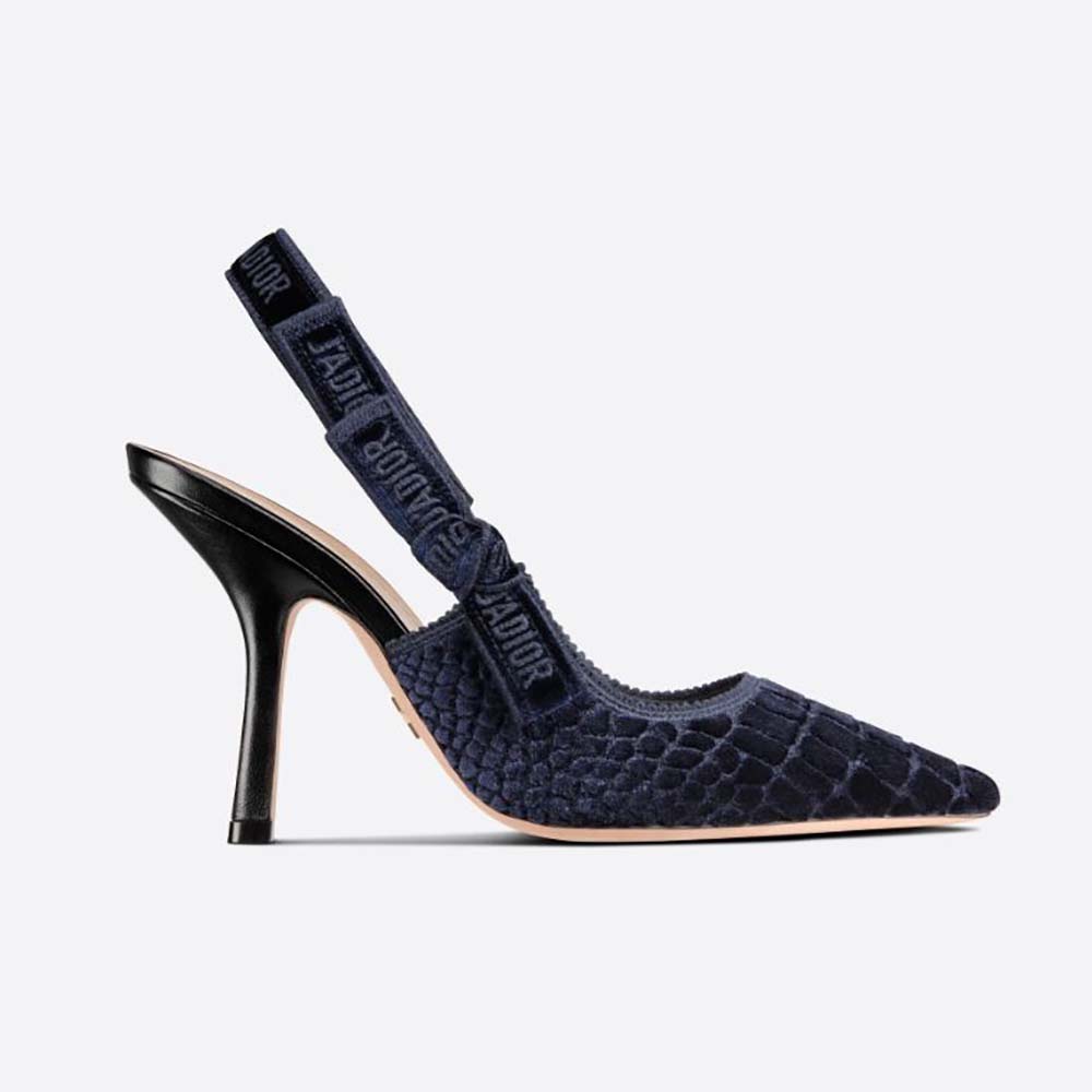 Side view of Dior Women J’Adior Slingback Pump Deep Crocodile-Effect Embroidered Velvet-Blue