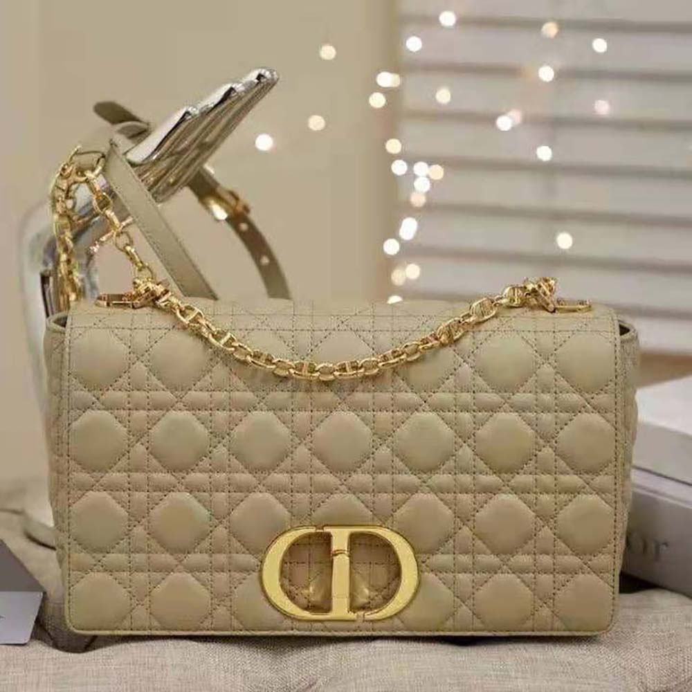 Close-up detail of gold hardware on Large Dior Caro Bag Sandy
