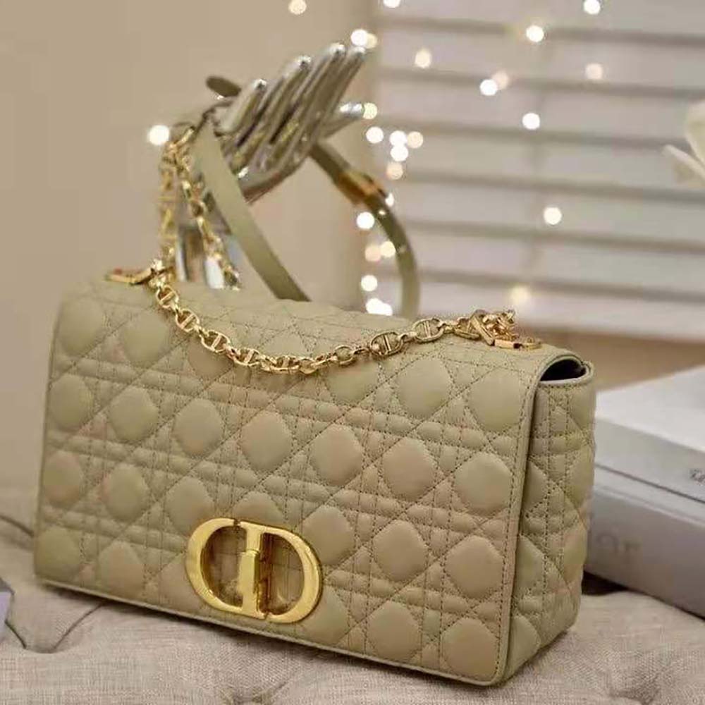 Side view showing Cannage stitching on Dior Large Caro Bag Sandy